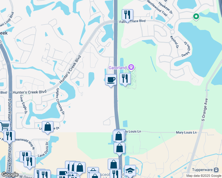 map of restaurants, bars, coffee shops, grocery stores, and more near 14650 Gatorland Drive in Orlando