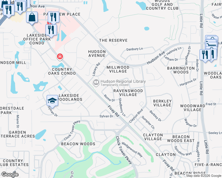 map of restaurants, bars, coffee shops, grocery stores, and more near 13501 Rayburn Road in Hudson