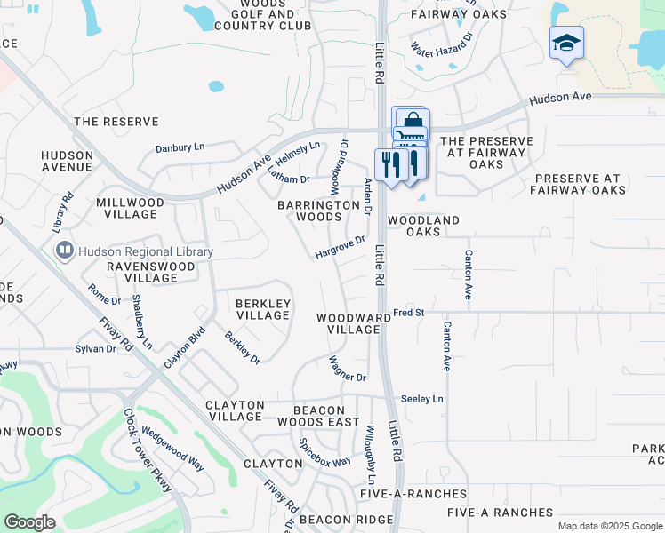 map of restaurants, bars, coffee shops, grocery stores, and more near 13417 Woodward Drive in Hudson
