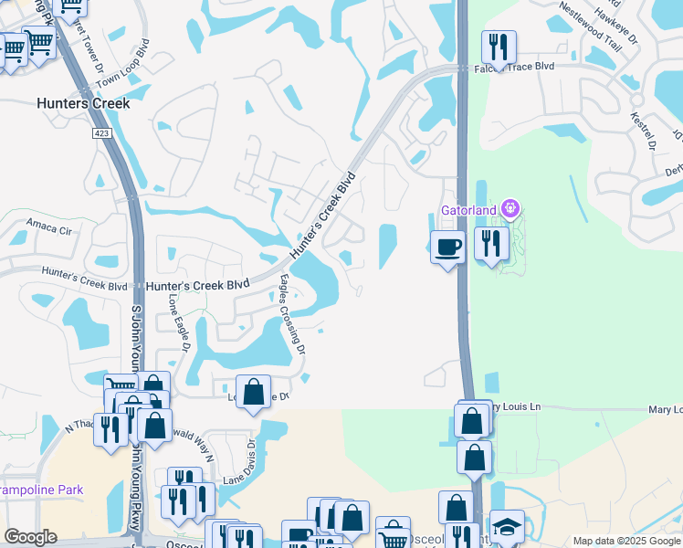 map of restaurants, bars, coffee shops, grocery stores, and more near 2454 Settlers Trail in Orlando
