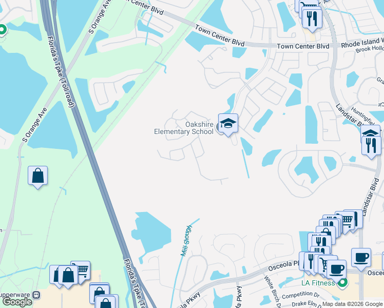 map of restaurants, bars, coffee shops, grocery stores, and more near 14238 Babylon Way in Orlando