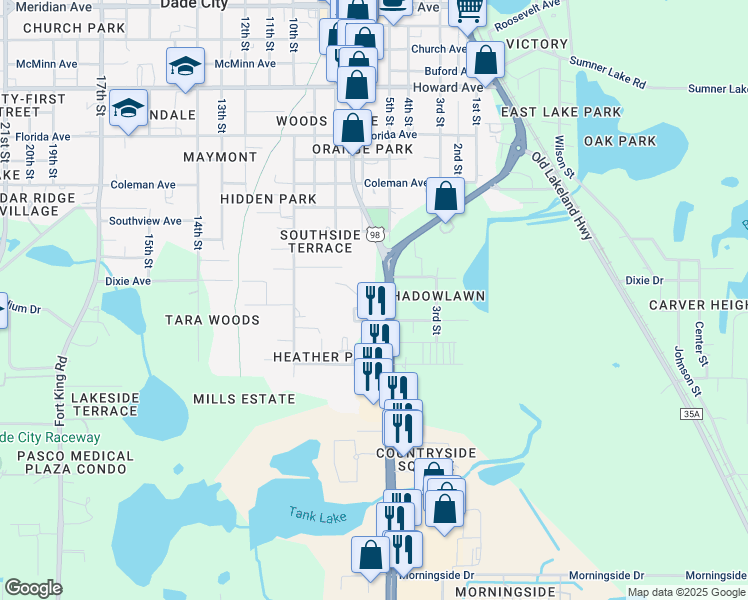 map of restaurants, bars, coffee shops, grocery stores, and more near 37937 Heather Place in Dade City