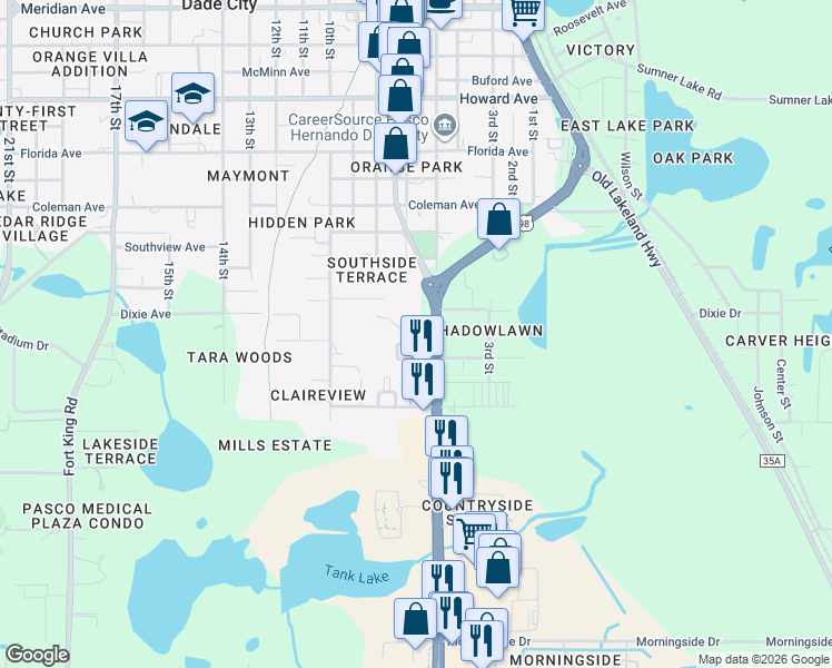 map of restaurants, bars, coffee shops, grocery stores, and more near 37937 Heather Place in Dade City