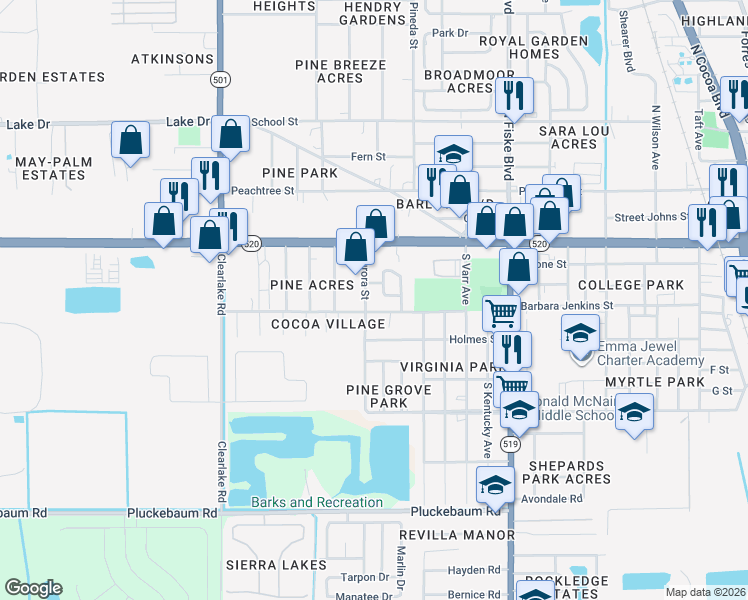 map of restaurants, bars, coffee shops, grocery stores, and more near 1232 Jackson Street in Cocoa