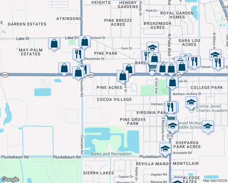 map of restaurants, bars, coffee shops, grocery stores, and more near 204 Virginia Avenue in Cocoa