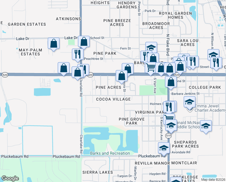 map of restaurants, bars, coffee shops, grocery stores, and more near 204 Virginia Avenue in Cocoa