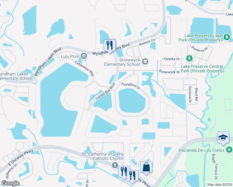 map of restaurants, bars, coffee shops, grocery stores, and more near 3076 Youngford Street in Orlando