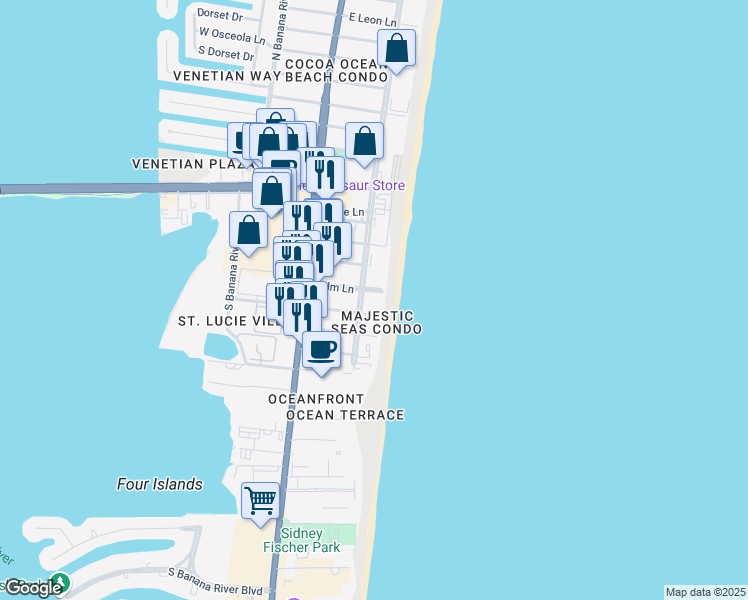 map of restaurants, bars, coffee shops, grocery stores, and more near 3820 Ocean Beach Boulevard in Cocoa Beach