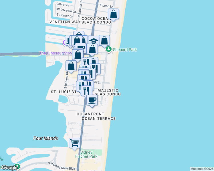 map of restaurants, bars, coffee shops, grocery stores, and more near 3820 Ocean Beach Boulevard in Cocoa Beach