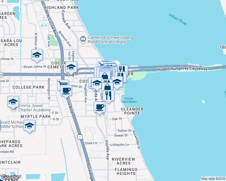 map of restaurants, bars, coffee shops, grocery stores, and more near Delannoy Avenue in Cocoa