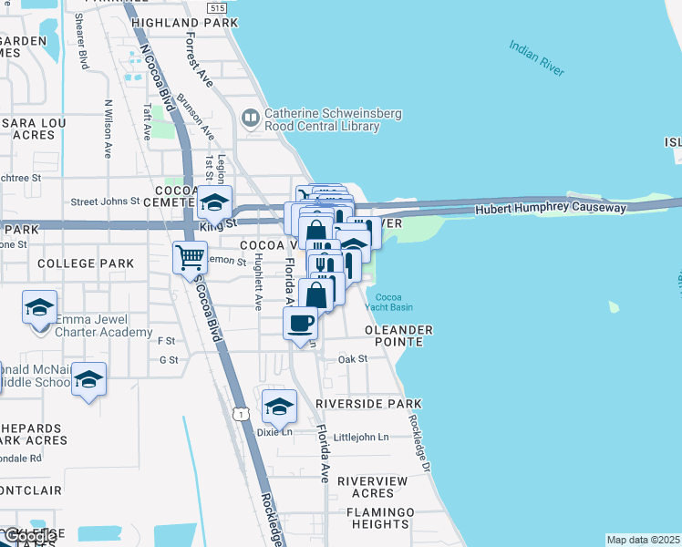 map of restaurants, bars, coffee shops, grocery stores, and more near 477 Delannoy Avenue in Cocoa