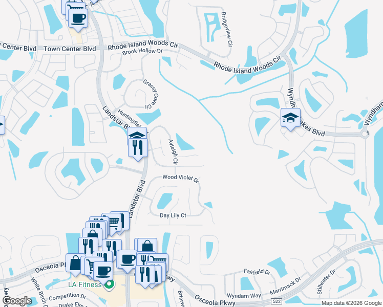map of restaurants, bars, coffee shops, grocery stores, and more near 1709 Maplestead Court in Orlando