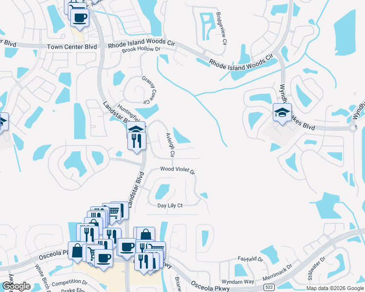 map of restaurants, bars, coffee shops, grocery stores, and more near 1607 Elmstead Court in Orlando