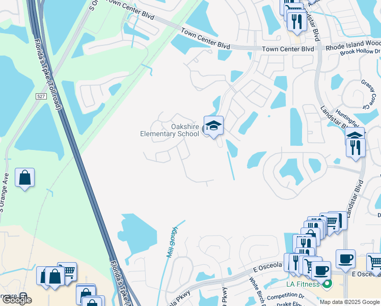 map of restaurants, bars, coffee shops, grocery stores, and more near 14238 Babylon Way in Orlando