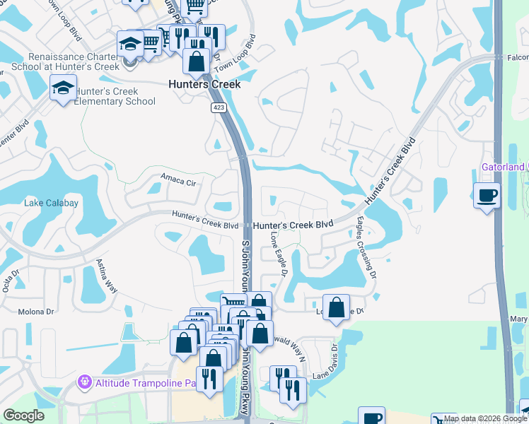 map of restaurants, bars, coffee shops, grocery stores, and more near 2897 Falling Tree Circle in Orlando