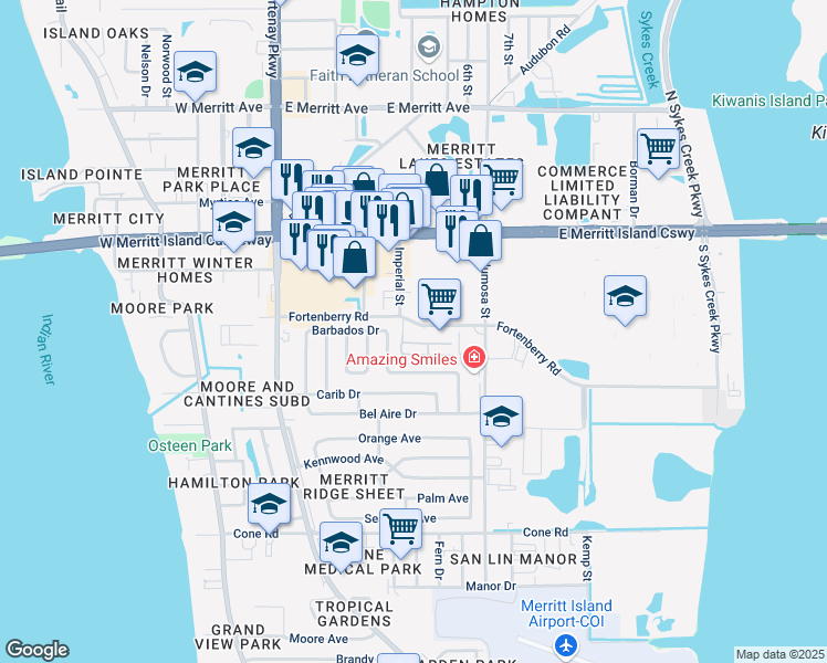 map of restaurants, bars, coffee shops, grocery stores, and more near 190 Fortenberry Road in Merritt Island