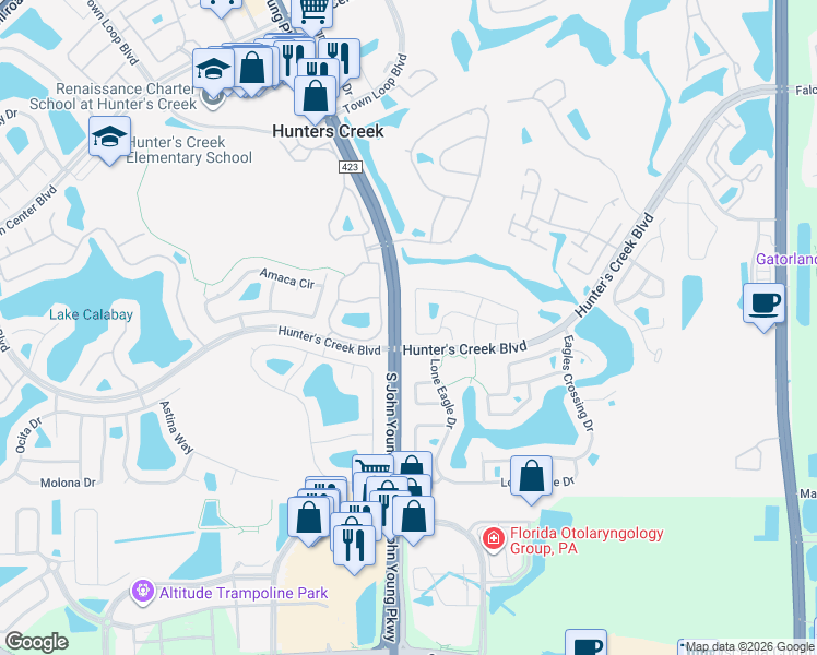 map of restaurants, bars, coffee shops, grocery stores, and more near 2856 Falling Tree Circle in Orlando