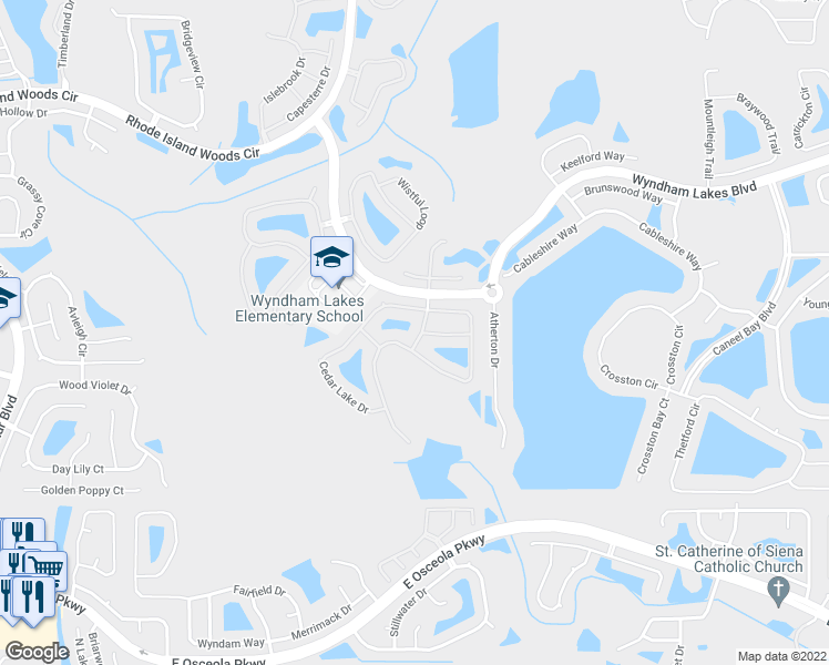 map of restaurants, bars, coffee shops, grocery stores, and more near 14532 Cedar Branch Way in Orlando