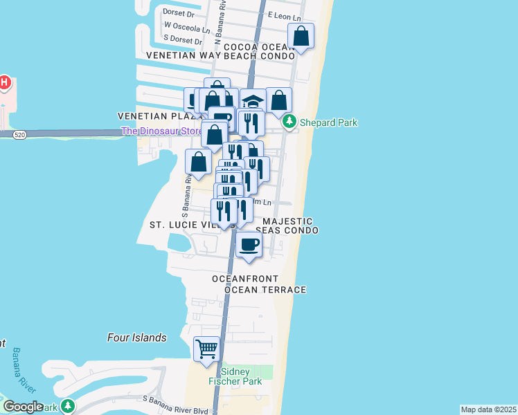 map of restaurants, bars, coffee shops, grocery stores, and more near 3901 North Atlantic Avenue in Cocoa Beach
