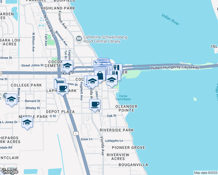 map of restaurants, bars, coffee shops, grocery stores, and more near 100 Harrison Street in Cocoa