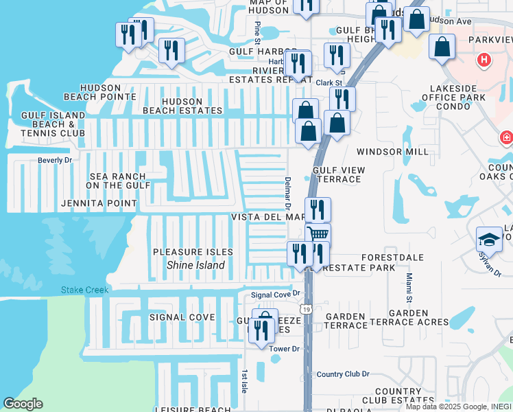 map of restaurants, bars, coffee shops, grocery stores, and more near 6736 Gull Lane in Hudson
