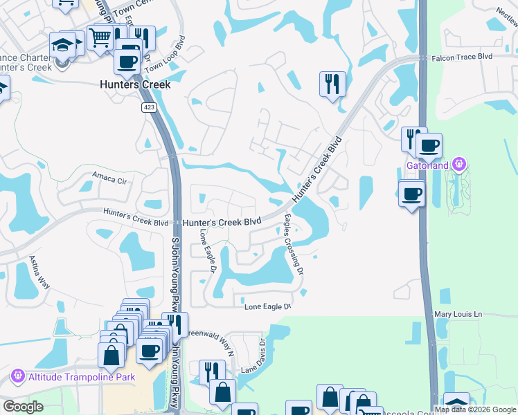 map of restaurants, bars, coffee shops, grocery stores, and more near 2709 Falling Tree Circle in Orlando