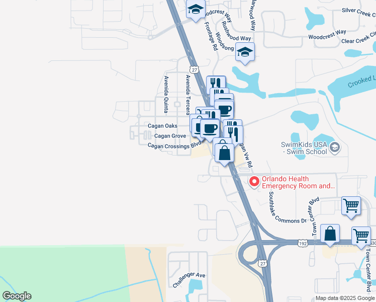 map of restaurants, bars, coffee shops, grocery stores, and more near 16554 Cagan Crossings Boulevard in Clermont