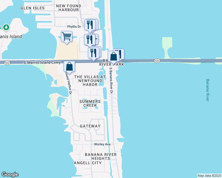 map of restaurants, bars, coffee shops, grocery stores, and more near 177 South Banana River Drive in Merritt Island