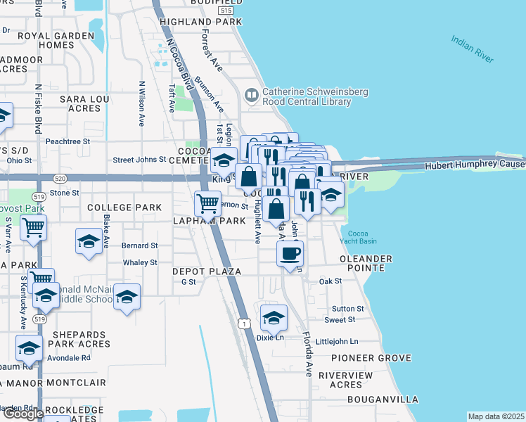 map of restaurants, bars, coffee shops, grocery stores, and more near 115 Stone Street in Cocoa
