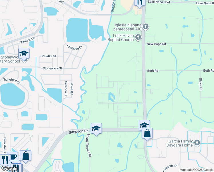 map of restaurants, bars, coffee shops, grocery stores, and more near 14314 Boggy Creek Road in Orlando