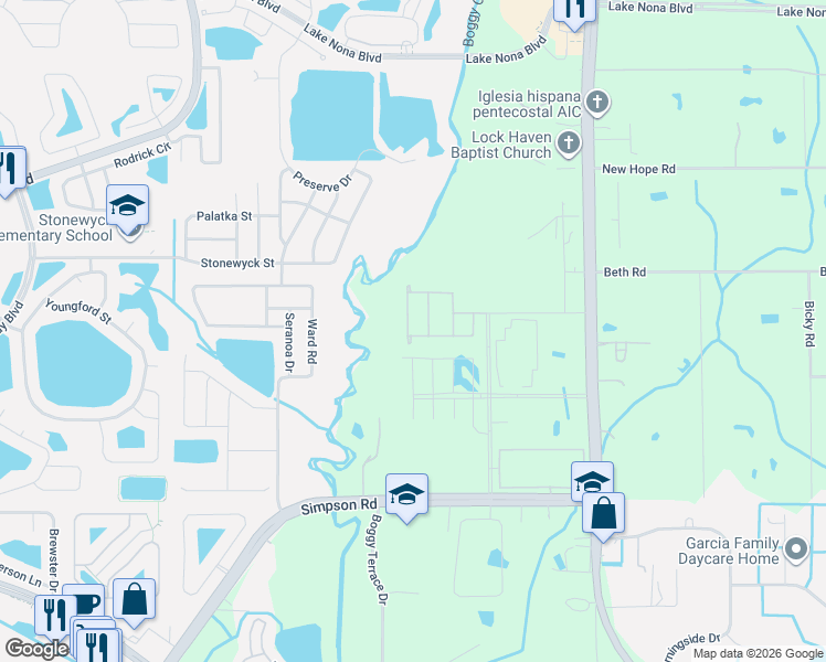 map of restaurants, bars, coffee shops, grocery stores, and more near 5413 Boggy Creek Road in Orlando