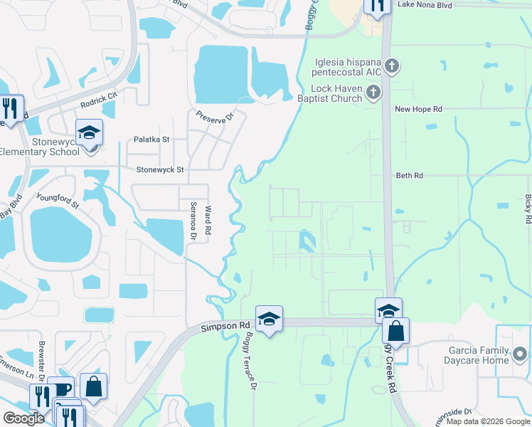 map of restaurants, bars, coffee shops, grocery stores, and more near 5413 Boggy Creek Road in Orlando