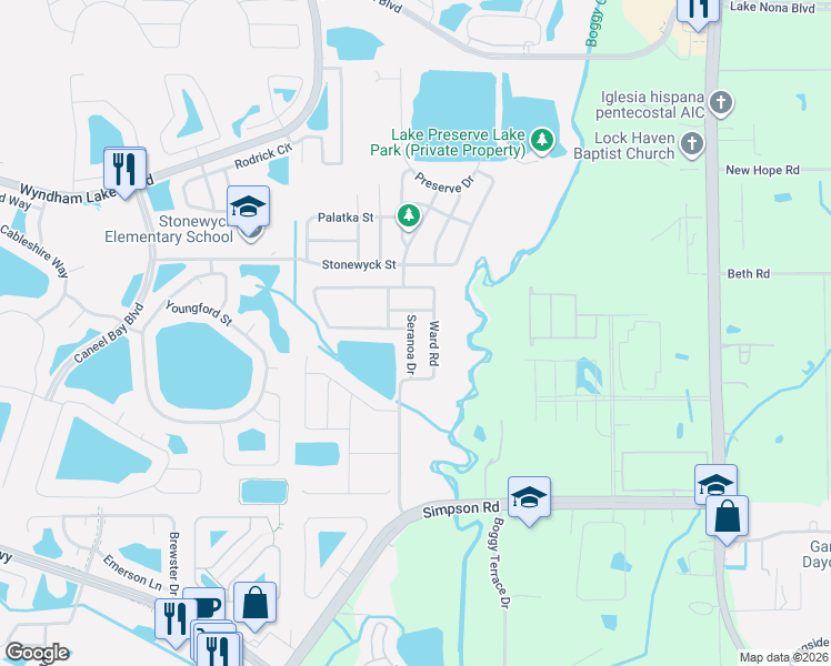 map of restaurants, bars, coffee shops, grocery stores, and more near 14456 Ward Road in Orlando