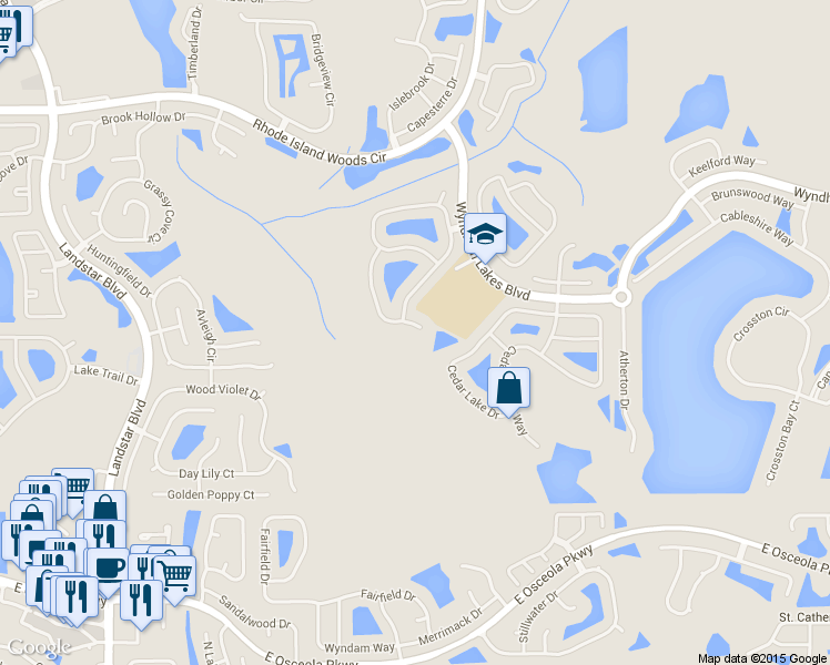 map of restaurants, bars, coffee shops, grocery stores, and more near 14539 Huntcliff Park Way in Orlando