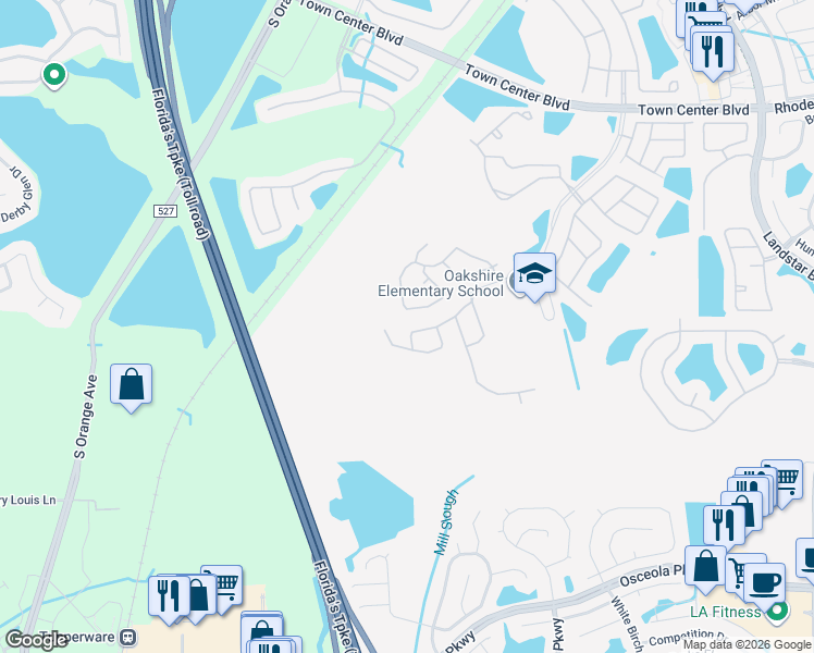 map of restaurants, bars, coffee shops, grocery stores, and more near 757 Whispering Cypress Lane in Orlando
