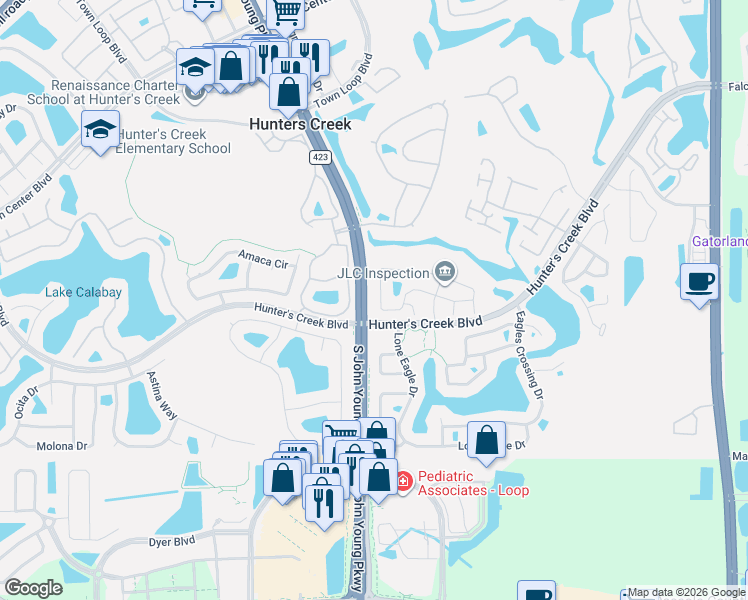 map of restaurants, bars, coffee shops, grocery stores, and more near 2856 Falling Tree Circle in Orlando