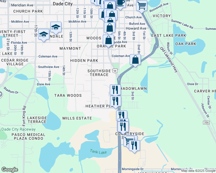 map of restaurants, bars, coffee shops, grocery stores, and more near 37838 Amelia Avenue in Dade City