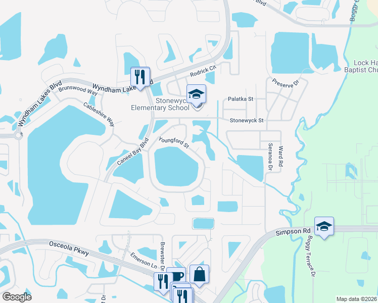 map of restaurants, bars, coffee shops, grocery stores, and more near 2728 Youngford Street in Orlando