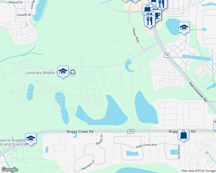 map of restaurants, bars, coffee shops, grocery stores, and more near Boggy Creek Road in Kissimmee