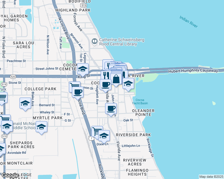 map of restaurants, bars, coffee shops, grocery stores, and more near in Cocoa