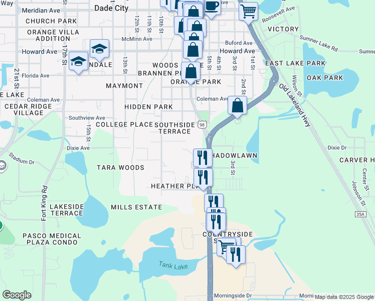 map of restaurants, bars, coffee shops, grocery stores, and more near 37838 Amelia Avenue in Dade City