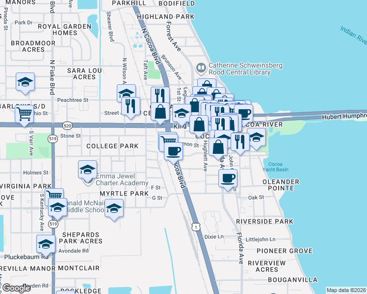 map of restaurants, bars, coffee shops, grocery stores, and more near 243 Stone Street in Cocoa
