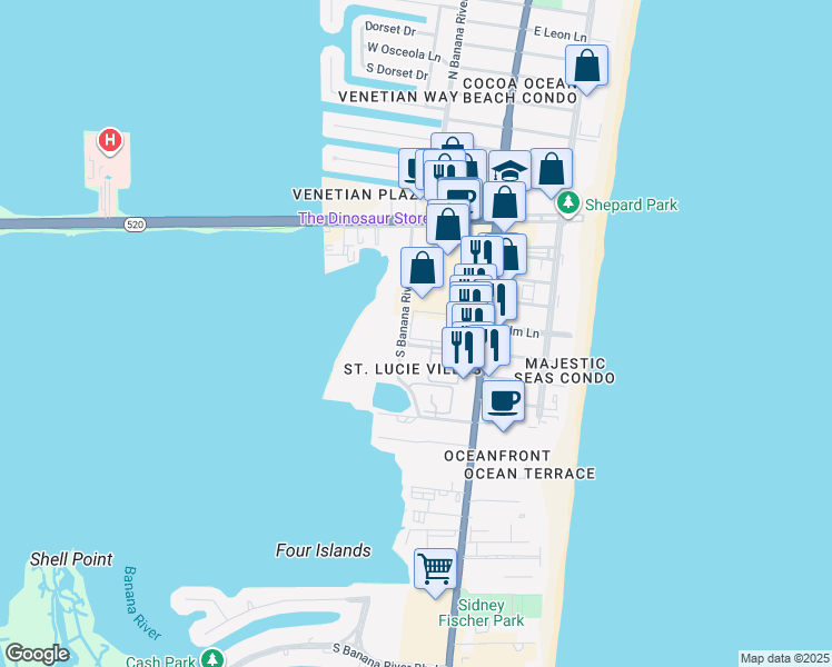 map of restaurants, bars, coffee shops, grocery stores, and more near 3798 South Banana River Boulevard in Cocoa Beach