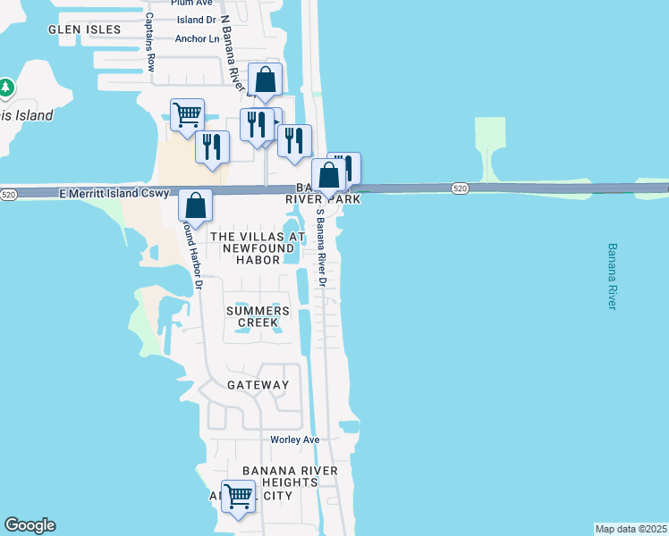 map of restaurants, bars, coffee shops, grocery stores, and more near 190 South Banana River Drive in Merritt Island