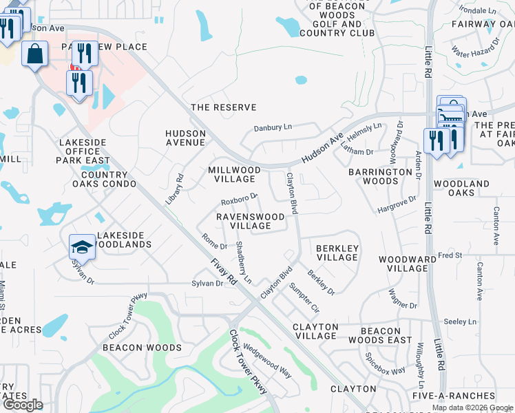 map of restaurants, bars, coffee shops, grocery stores, and more near 8308 Roxboro Drive in Hudson