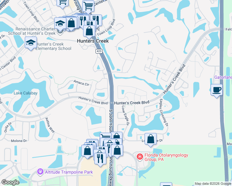 map of restaurants, bars, coffee shops, grocery stores, and more near 2861 Falling Tree Circle in Orlando
