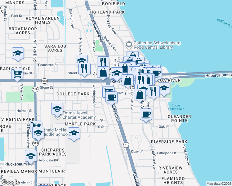 map of restaurants, bars, coffee shops, grocery stores, and more near 243 Stone Street in Cocoa