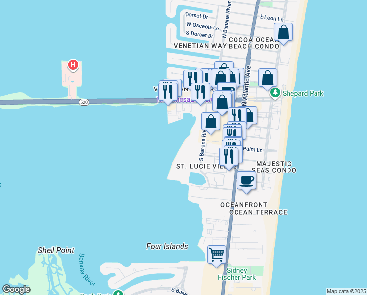 map of restaurants, bars, coffee shops, grocery stores, and more near 3833 South Banana River Boulevard in Cocoa Beach
