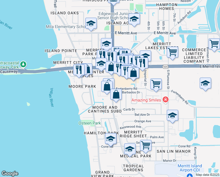 map of restaurants, bars, coffee shops, grocery stores, and more near 162 South Courtenay Parkway in Merritt Island