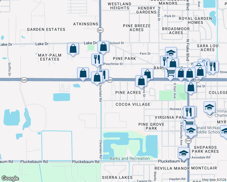 map of restaurants, bars, coffee shops, grocery stores, and more near 125 Grace Avenue in Cocoa